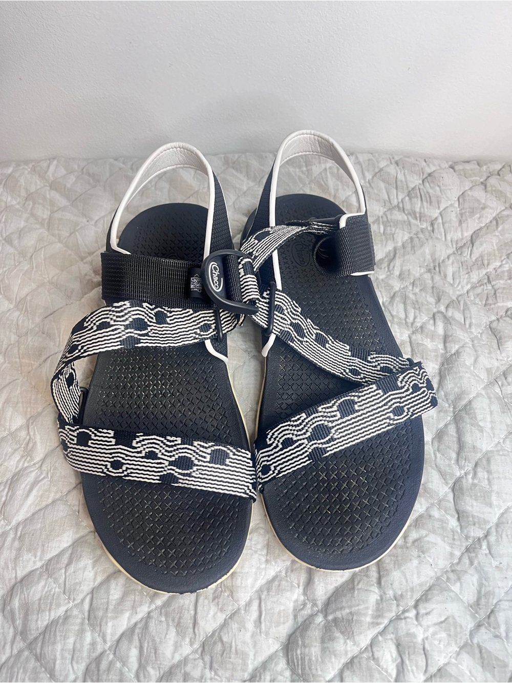 Chaco black and White Pattern Strap Sandals